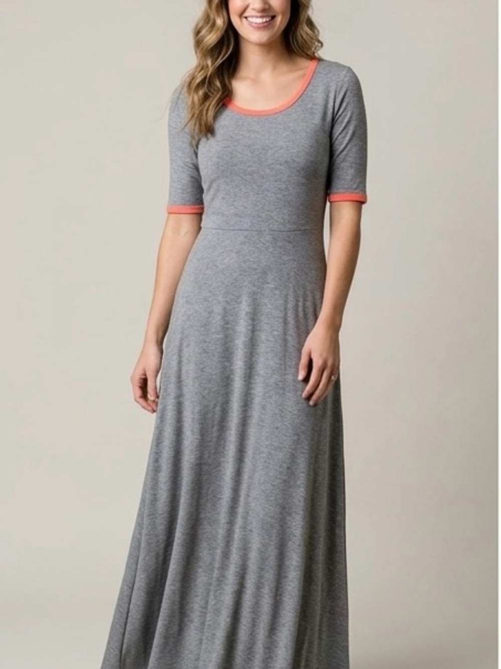 LuLaRoe Maxi Dress Gray with Coral Trim (005)